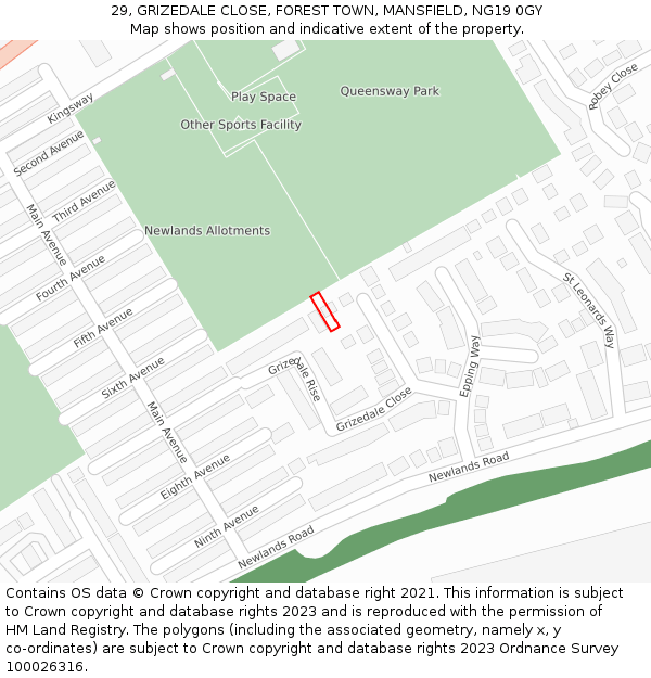 29, GRIZEDALE CLOSE, FOREST TOWN, MANSFIELD, NG19 0GY: Location map and indicative extent of plot