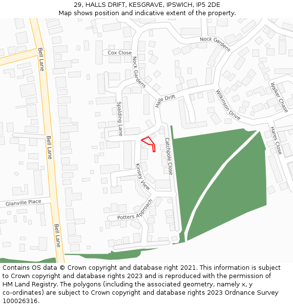 29, HALLS DRIFT, KESGRAVE, IPSWICH, IP5 2DE: Location map and indicative extent of plot