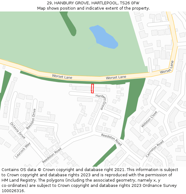 29, HANBURY GROVE, HARTLEPOOL, TS26 0FW: Location map and indicative extent of plot
