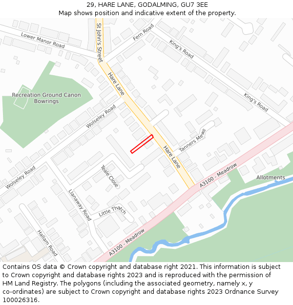 29, HARE LANE, GODALMING, GU7 3EE: Location map and indicative extent of plot