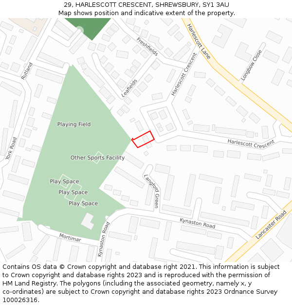 29, HARLESCOTT CRESCENT, SHREWSBURY, SY1 3AU: Location map and indicative extent of plot