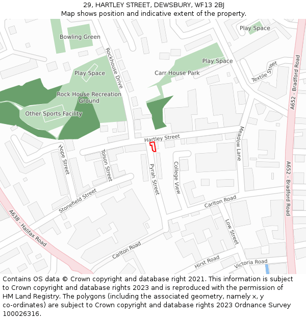 29, HARTLEY STREET, DEWSBURY, WF13 2BJ: Location map and indicative extent of plot