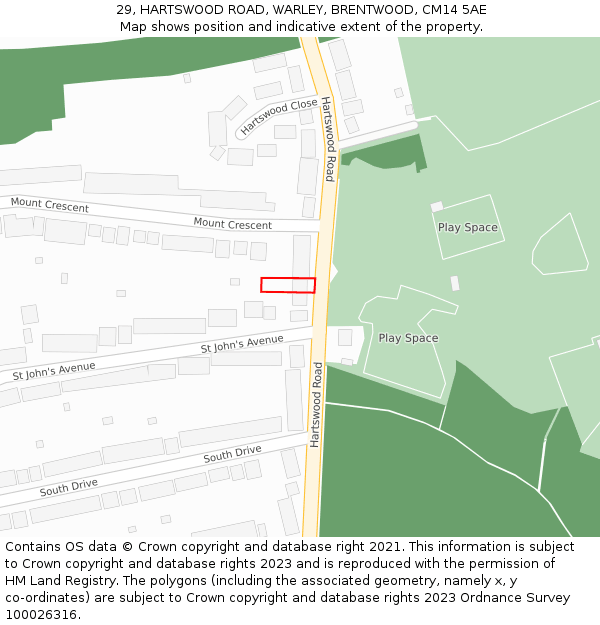 29, HARTSWOOD ROAD, WARLEY, BRENTWOOD, CM14 5AE: Location map and indicative extent of plot