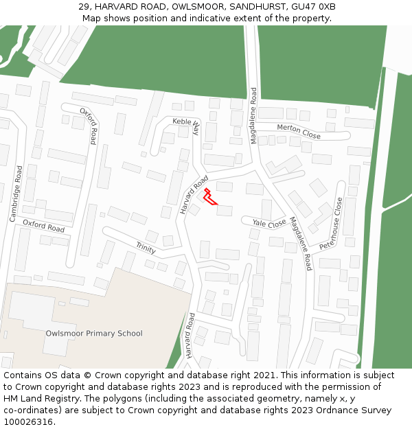 29, HARVARD ROAD, OWLSMOOR, SANDHURST, GU47 0XB: Location map and indicative extent of plot