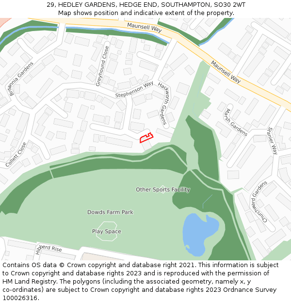 29, HEDLEY GARDENS, HEDGE END, SOUTHAMPTON, SO30 2WT: Location map and indicative extent of plot