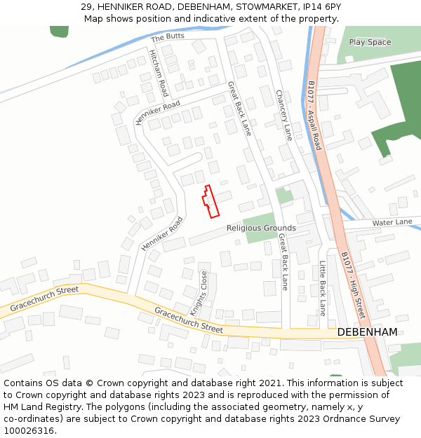 29, HENNIKER ROAD, DEBENHAM, STOWMARKET, IP14 6PY: Location map and indicative extent of plot