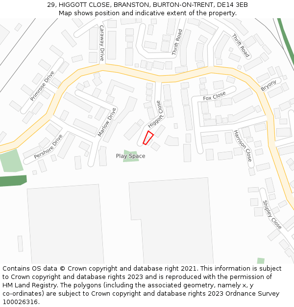 29, HIGGOTT CLOSE, BRANSTON, BURTON-ON-TRENT, DE14 3EB: Location map and indicative extent of plot