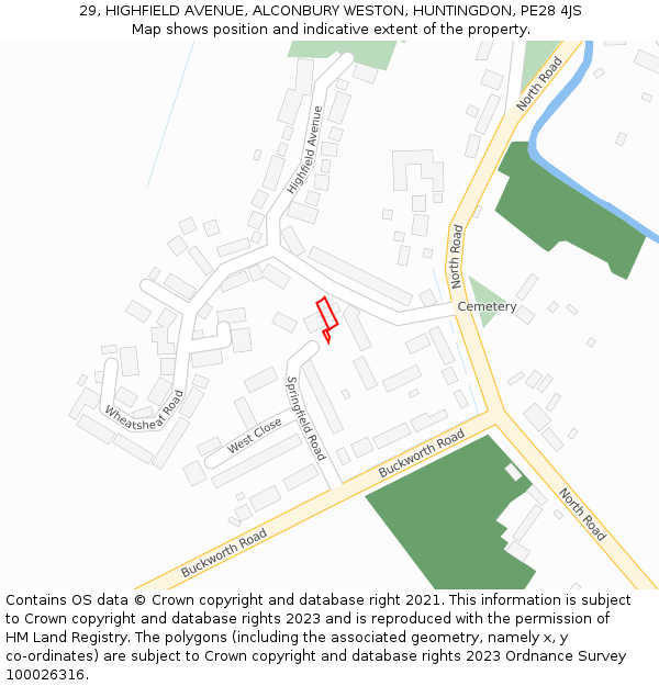 29, HIGHFIELD AVENUE, ALCONBURY WESTON, HUNTINGDON, PE28 4JS: Location map and indicative extent of plot