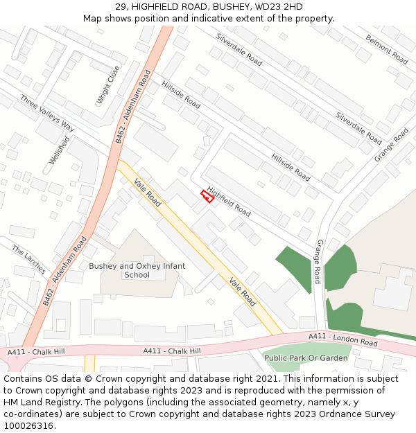 29, HIGHFIELD ROAD, BUSHEY, WD23 2HD: Location map and indicative extent of plot