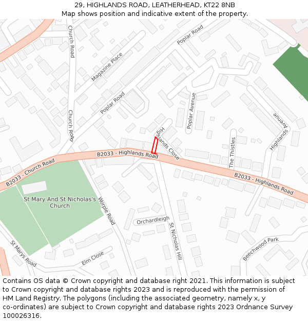 29, HIGHLANDS ROAD, LEATHERHEAD, KT22 8NB: Location map and indicative extent of plot