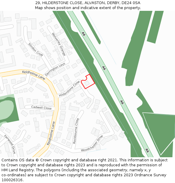 29, HILDERSTONE CLOSE, ALVASTON, DERBY, DE24 0SA: Location map and indicative extent of plot