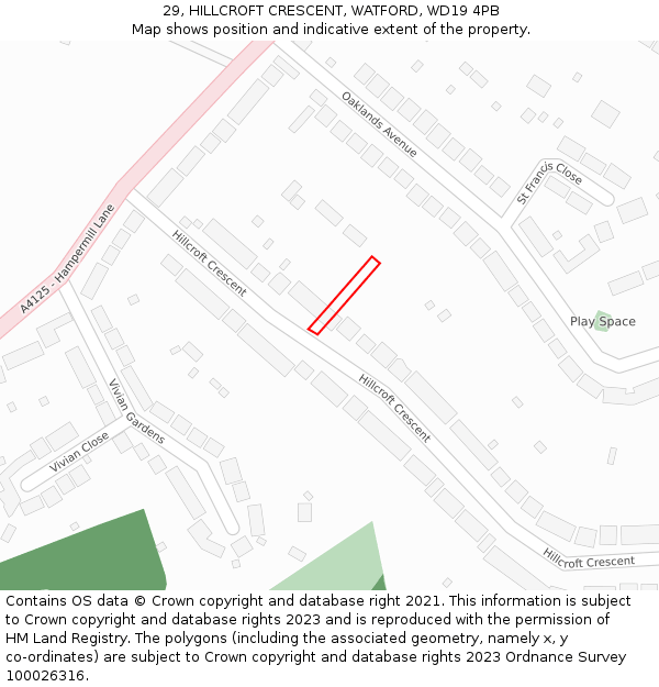 29, HILLCROFT CRESCENT, WATFORD, WD19 4PB: Location map and indicative extent of plot