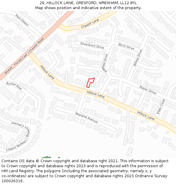 29, HILLOCK LANE, GRESFORD, WREXHAM, LL12 8YL: Location map and indicative extent of plot