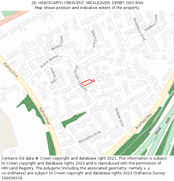 29, HINDSCARTH CRESCENT, MICKLEOVER, DERBY, DE3 9NN: Location map and indicative extent of plot