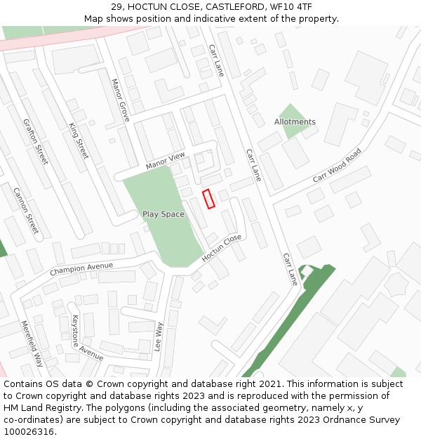29, HOCTUN CLOSE, CASTLEFORD, WF10 4TF: Location map and indicative extent of plot