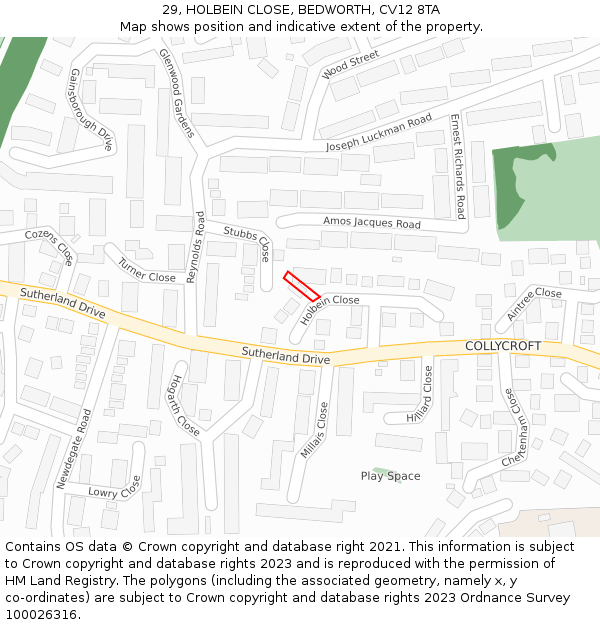 29, HOLBEIN CLOSE, BEDWORTH, CV12 8TA: Location map and indicative extent of plot