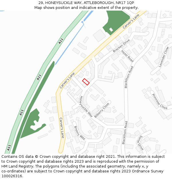 29, HONEYSUCKLE WAY, ATTLEBOROUGH, NR17 1QP: Location map and indicative extent of plot