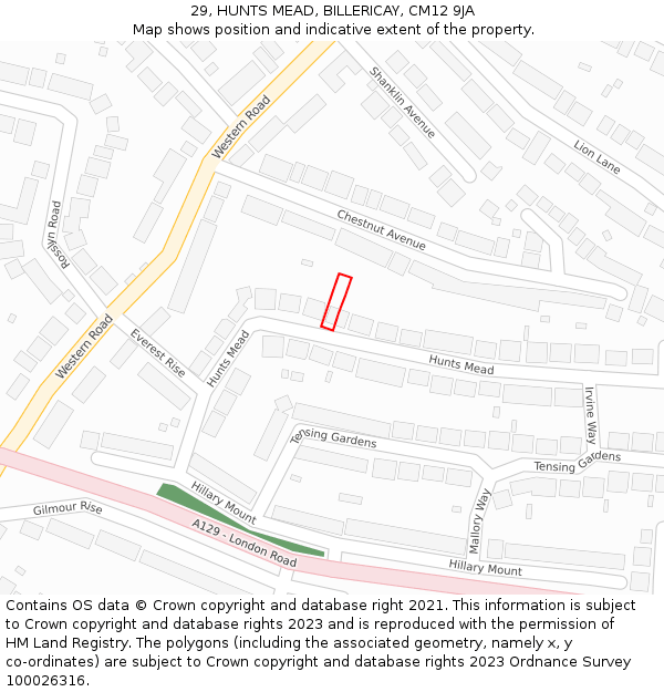 29, HUNTS MEAD, BILLERICAY, CM12 9JA: Location map and indicative extent of plot