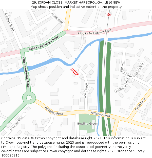 29, JORDAN CLOSE, MARKET HARBOROUGH, LE16 8EW: Location map and indicative extent of plot