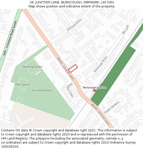 29, JUNCTION LANE, BURSCOUGH, ORMSKIRK, L40 5SN: Location map and indicative extent of plot