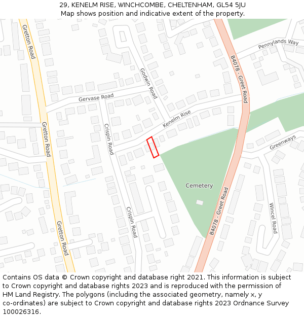 29, KENELM RISE, WINCHCOMBE, CHELTENHAM, GL54 5JU: Location map and indicative extent of plot