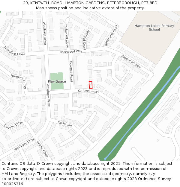 29, KENTWELL ROAD, HAMPTON GARDENS, PETERBOROUGH, PE7 8RD: Location map and indicative extent of plot