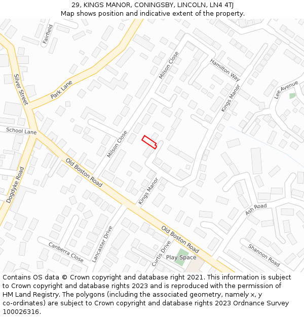 29, KINGS MANOR, CONINGSBY, LINCOLN, LN4 4TJ: Location map and indicative extent of plot