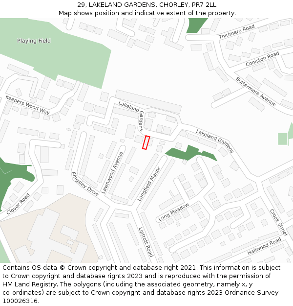 29, LAKELAND GARDENS, CHORLEY, PR7 2LL: Location map and indicative extent of plot