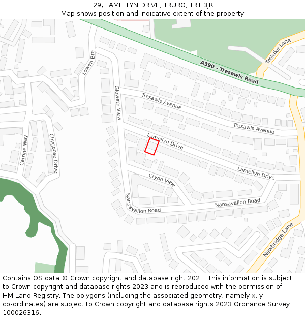 29, LAMELLYN DRIVE, TRURO, TR1 3JR: Location map and indicative extent of plot