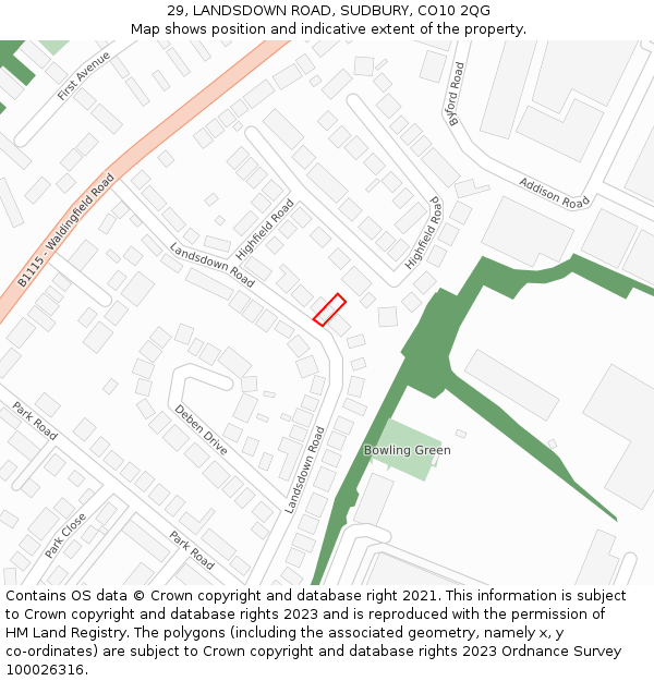 29, LANDSDOWN ROAD, SUDBURY, CO10 2QG: Location map and indicative extent of plot