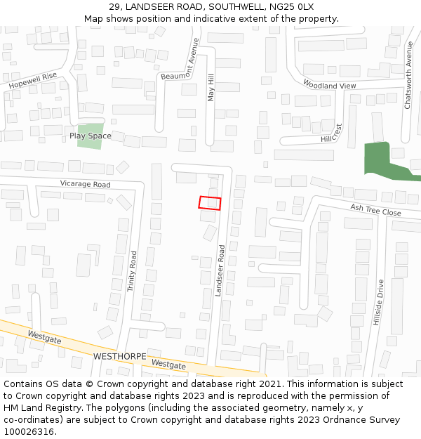 29, LANDSEER ROAD, SOUTHWELL, NG25 0LX: Location map and indicative extent of plot