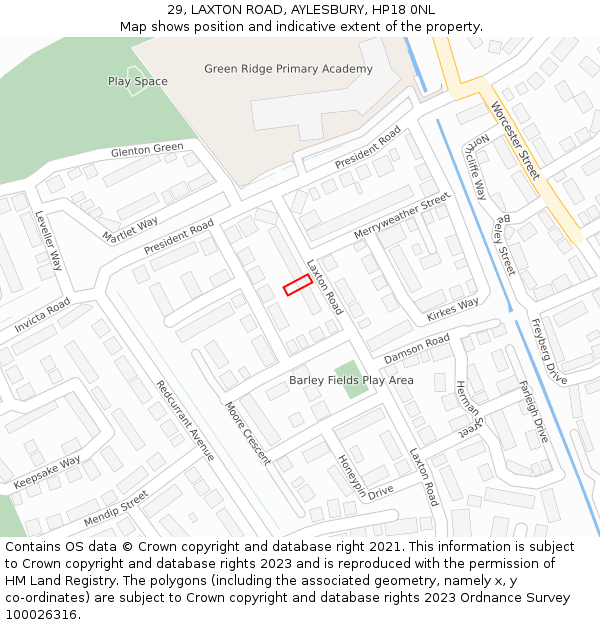 29, LAXTON ROAD, AYLESBURY, HP18 0NL: Location map and indicative extent of plot