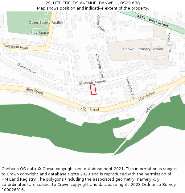 29, LITTLEFIELDS AVENUE, BANWELL, BS29 6BQ: Location map and indicative extent of plot