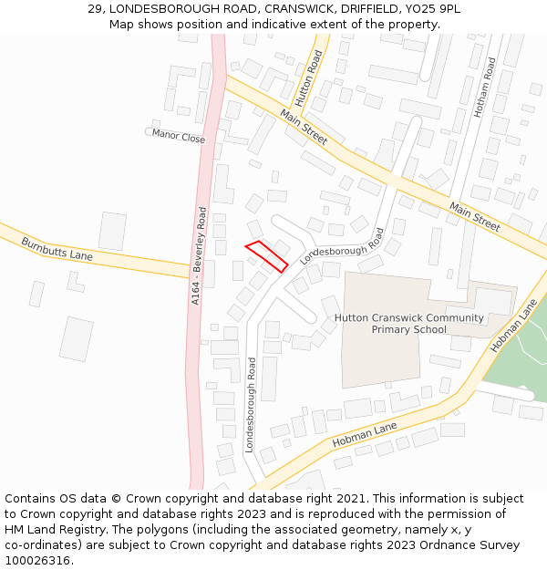 29, LONDESBOROUGH ROAD, CRANSWICK, DRIFFIELD, YO25 9PL: Location map and indicative extent of plot