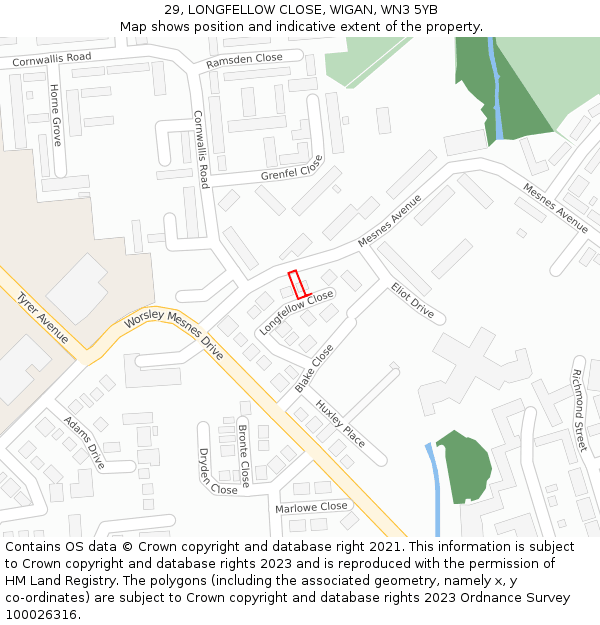 29, LONGFELLOW CLOSE, WIGAN, WN3 5YB: Location map and indicative extent of plot