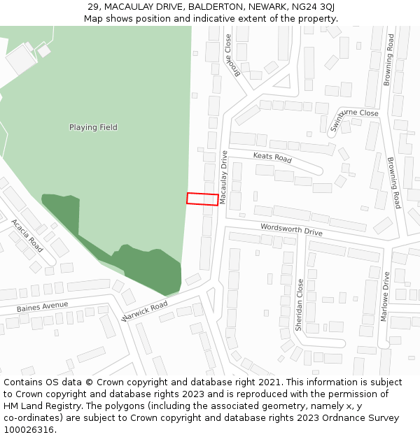 29, MACAULAY DRIVE, BALDERTON, NEWARK, NG24 3QJ: Location map and indicative extent of plot