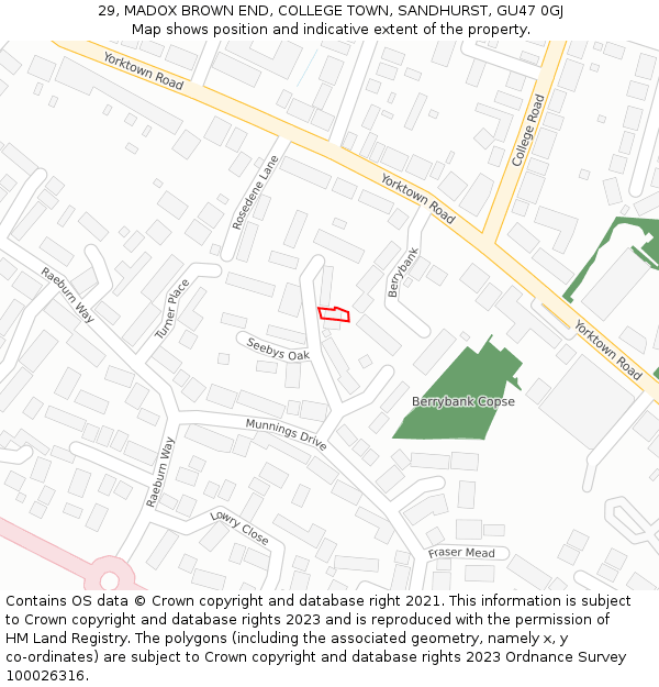 29, MADOX BROWN END, COLLEGE TOWN, SANDHURST, GU47 0GJ: Location map and indicative extent of plot