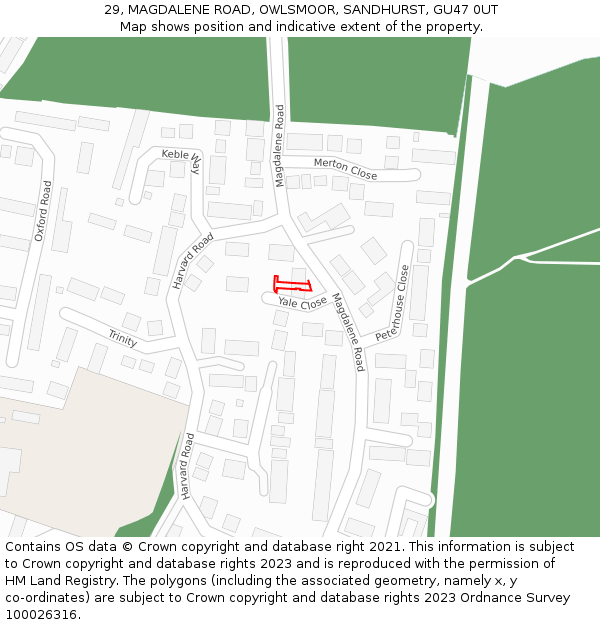 29, MAGDALENE ROAD, OWLSMOOR, SANDHURST, GU47 0UT: Location map and indicative extent of plot