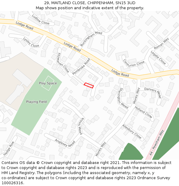 29, MAITLAND CLOSE, CHIPPENHAM, SN15 3UD: Location map and indicative extent of plot