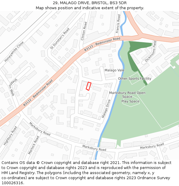 29, MALAGO DRIVE, BRISTOL, BS3 5DR: Location map and indicative extent of plot