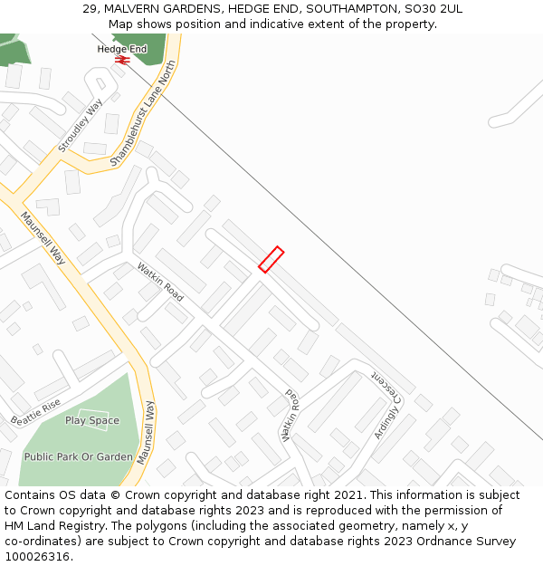 29, MALVERN GARDENS, HEDGE END, SOUTHAMPTON, SO30 2UL: Location map and indicative extent of plot