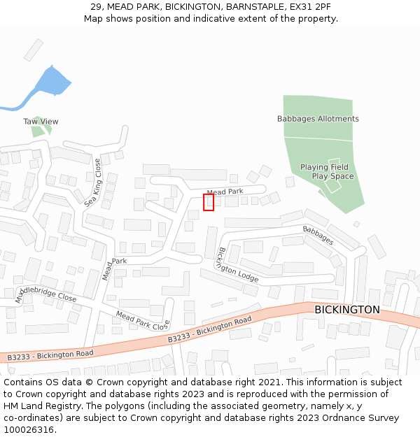 29, MEAD PARK, BICKINGTON, BARNSTAPLE, EX31 2PF: Location map and indicative extent of plot