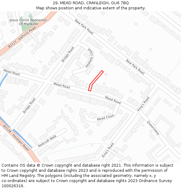 29, MEAD ROAD, CRANLEIGH, GU6 7BQ: Location map and indicative extent of plot