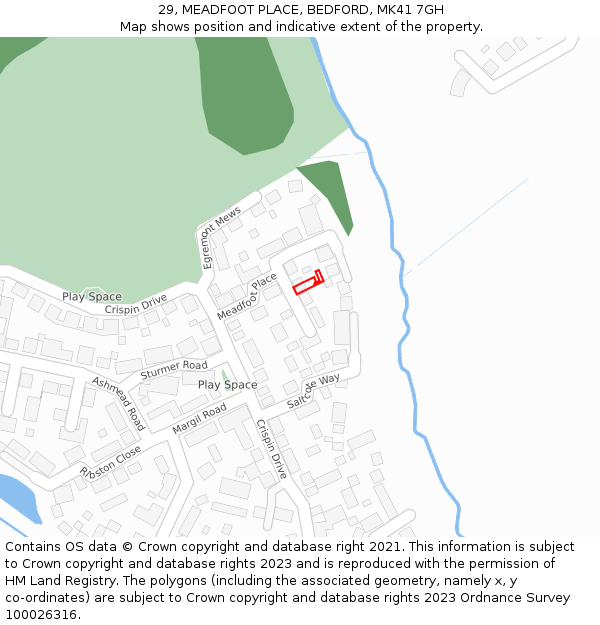 29, MEADFOOT PLACE, BEDFORD, MK41 7GH: Location map and indicative extent of plot