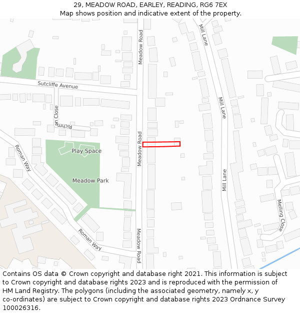 29, MEADOW ROAD, EARLEY, READING, RG6 7EX: Location map and indicative extent of plot