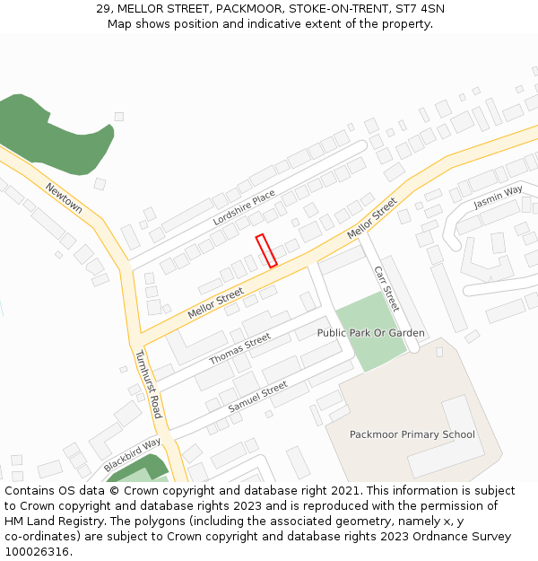 29, MELLOR STREET, PACKMOOR, STOKE-ON-TRENT, ST7 4SN: Location map and indicative extent of plot