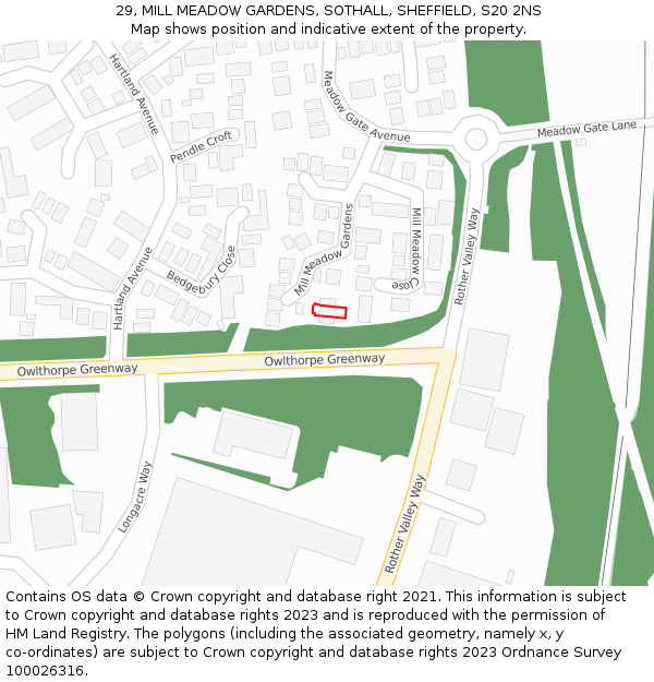 29, MILL MEADOW GARDENS, SOTHALL, SHEFFIELD, S20 2NS: Location map and indicative extent of plot