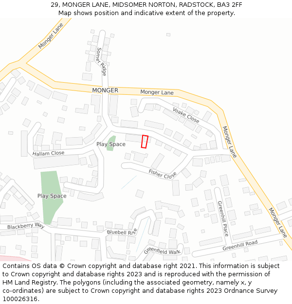 29, MONGER LANE, MIDSOMER NORTON, RADSTOCK, BA3 2FF: Location map and indicative extent of plot