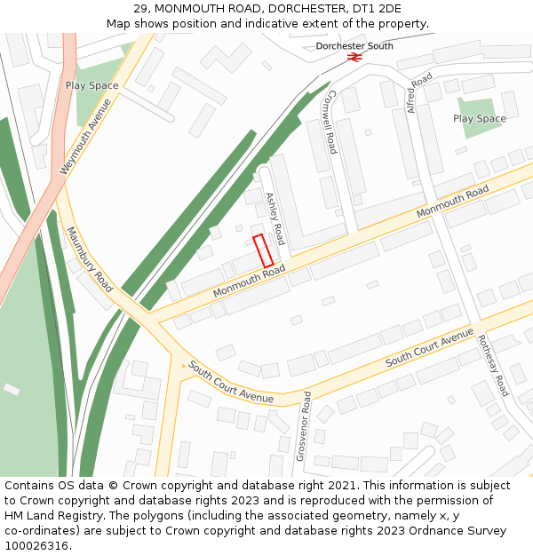 29, MONMOUTH ROAD, DORCHESTER, DT1 2DE: Location map and indicative extent of plot