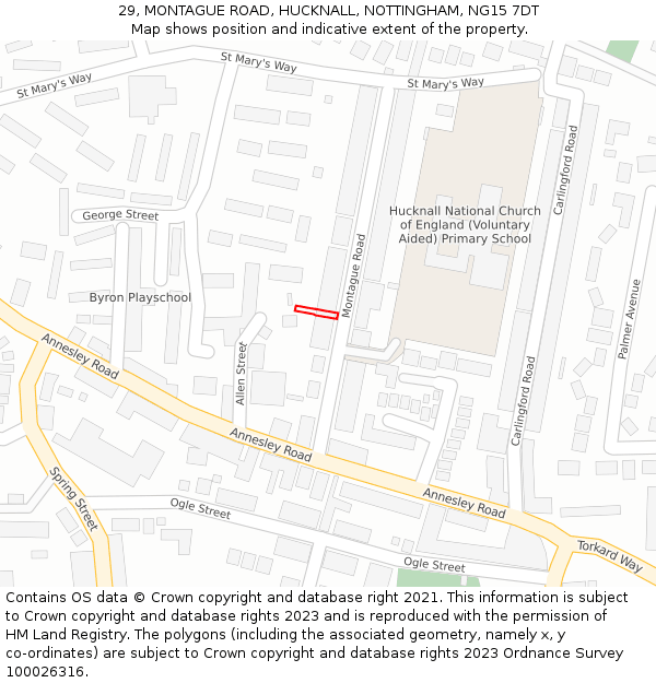 29, MONTAGUE ROAD, HUCKNALL, NOTTINGHAM, NG15 7DT: Location map and indicative extent of plot